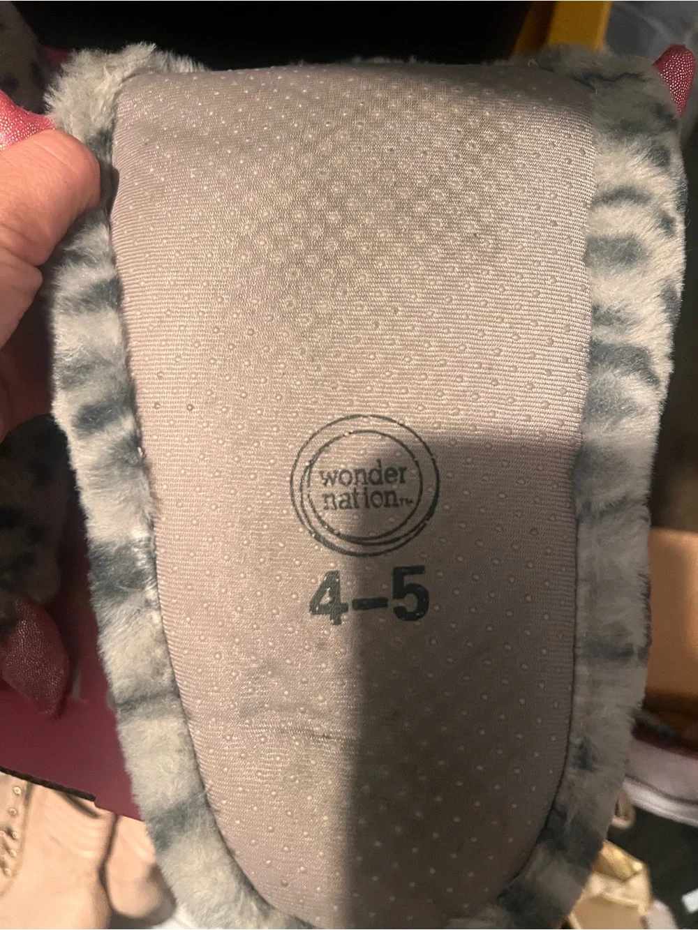 wonder nation Gray Leopard Faux Fur Slippers with Pink Trim